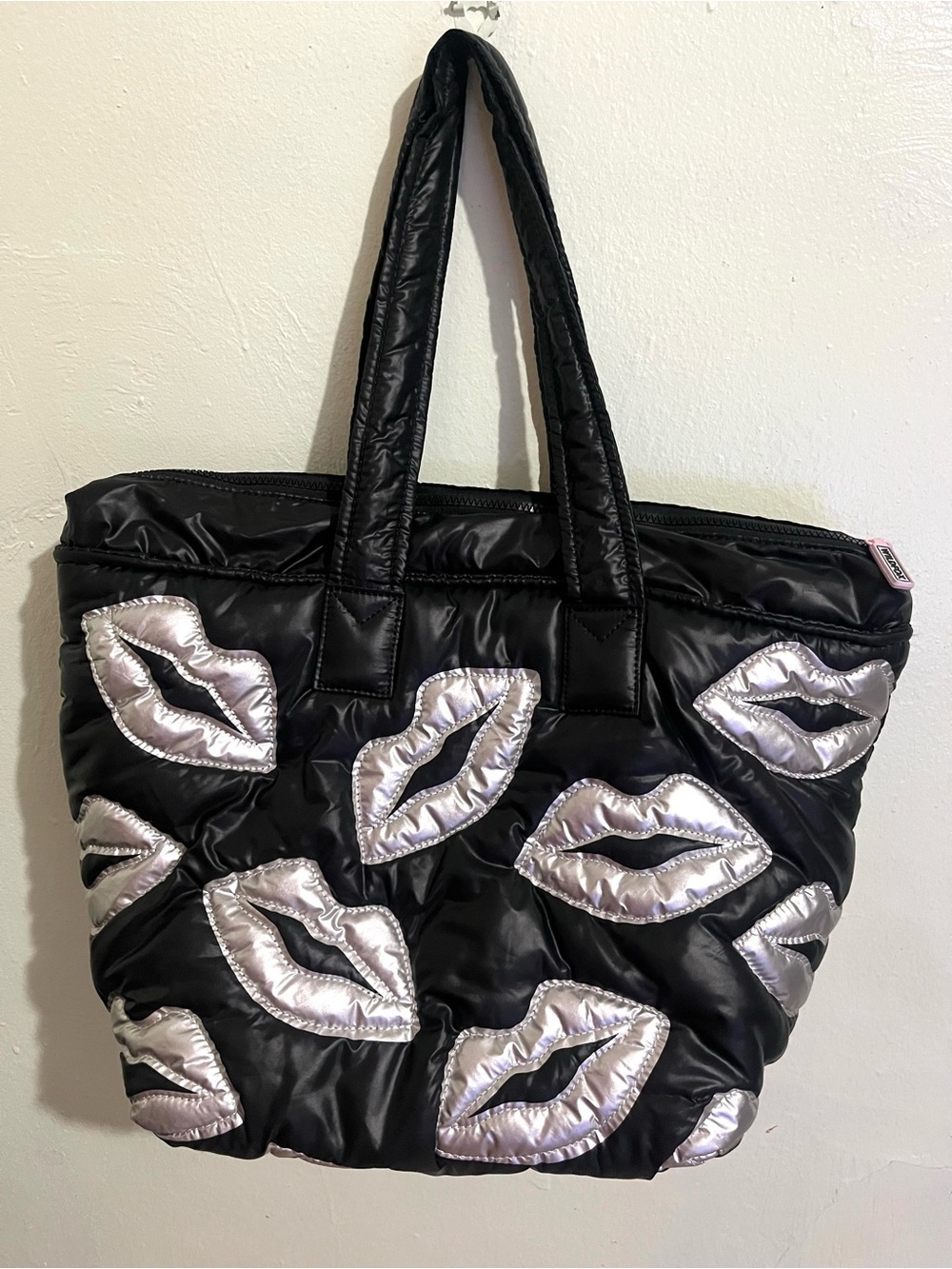 WILDFOX Black Quilted Tote with Silver Lip Appliqués